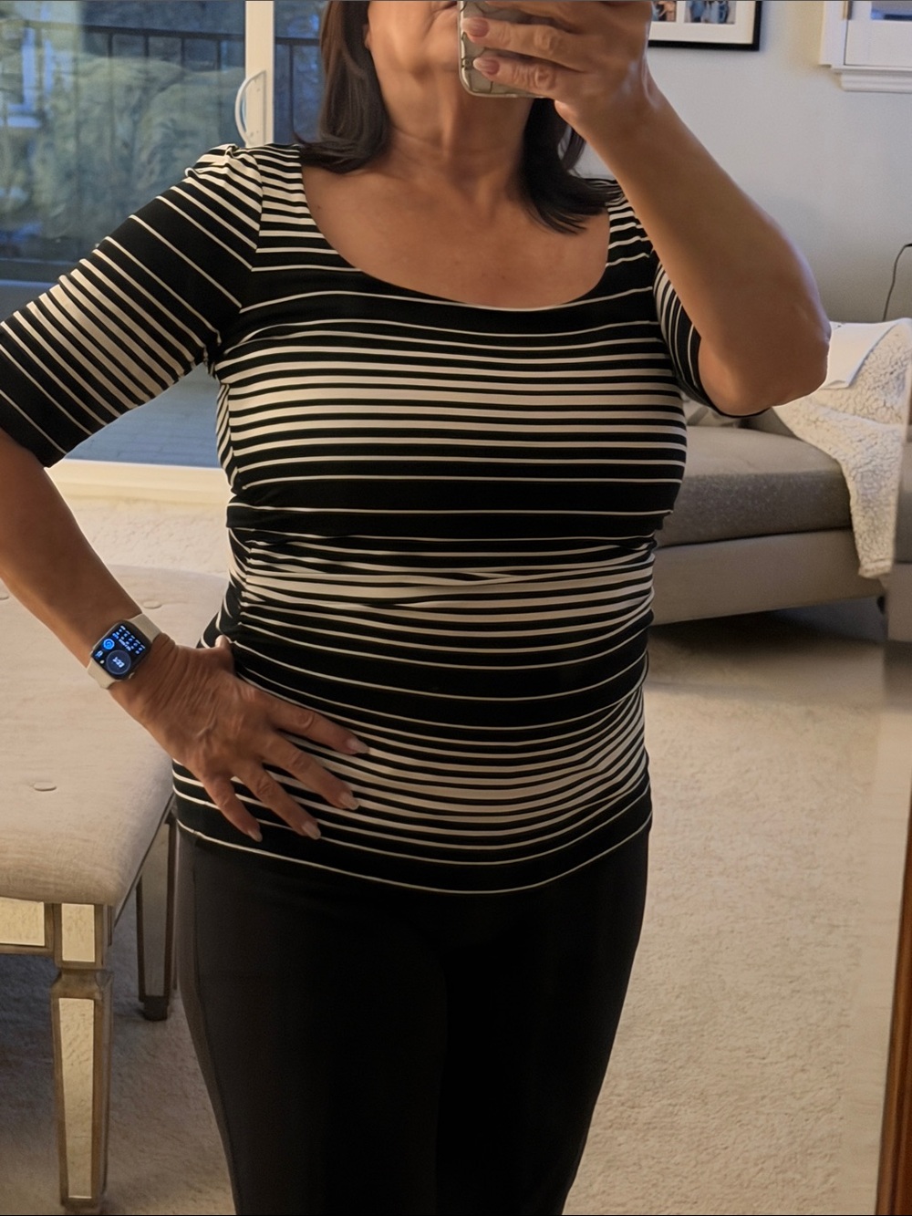 White House Black Market Black and White Striped Scoop Neck Top